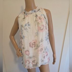Elana Baldi White Floral Sleeveless Blouse Silk Blend